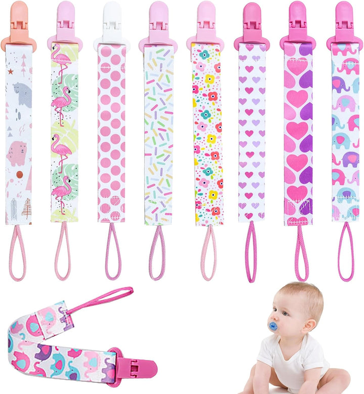 8Pcs Dummy Clip Girls, Baby Pacifier Clips Soother Clip Chains Dummy Strap Silicone Ring Adapter for All Dummies Soothers Teething Toys Newborn Essentials