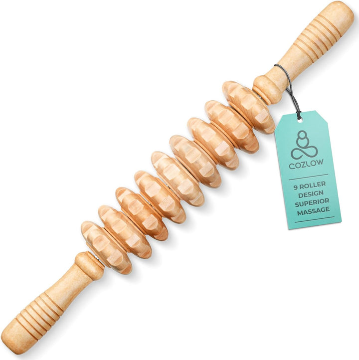 Wooden Massage Roller Stick - 12 Rollers - Curved Wood Therapy Massage Tool for Body Sculpting, Fascia Release and Lymphatic Drainage - by