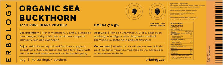 Organic Sea Buckthorn Powder 50G - 50 Servings - Skin Health and Immunity Support - Rich in Omega-7 (6.5%), Vitamin C and Beta-Carotene - Seeds Removed, More Concentrated - Vegan - Gmo-Free