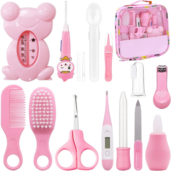 8Pcs Baby Grooming Kit, Newborn Baby Care Accessories with Zipper Box, Baby Hair Nail Thermometer Care Set, Baby Healthcare Set for Newborn Infant, Toddler Girls & Boys (Pink)