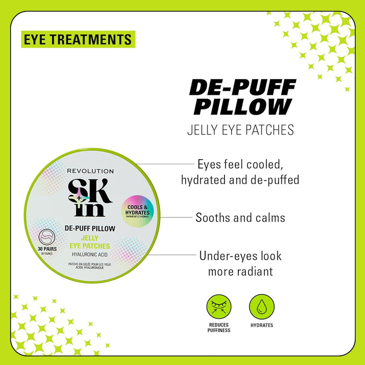 Revolution Skin, De-Puff Pillow Hyaluronic Acid Jelly Eye Patches, Hydrogel Patches, Cools & Hydrates Under-Eyes, Vegan & Cruelty-Free, 30 Pairs