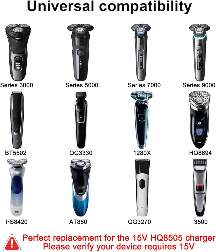 15V for Philips Shaver Chager HQ8505 Cable UK for Series 5000, 7000, 9000 Beard Trimmer S5465, MG7930, S3233, BT5502, BT9810, MG7790 MG7750 Electric Razor Aquatouch UKCA Power Lead(Light/Brush)