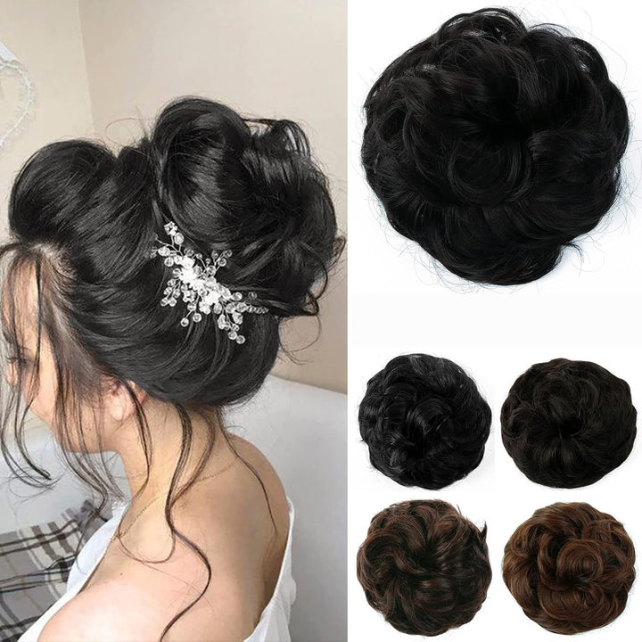 Messy Hair Bun Curly Wavy Hair Scrunchies Accessories Pieces for Women Girls Synthetic Chignons (Dark Brown)