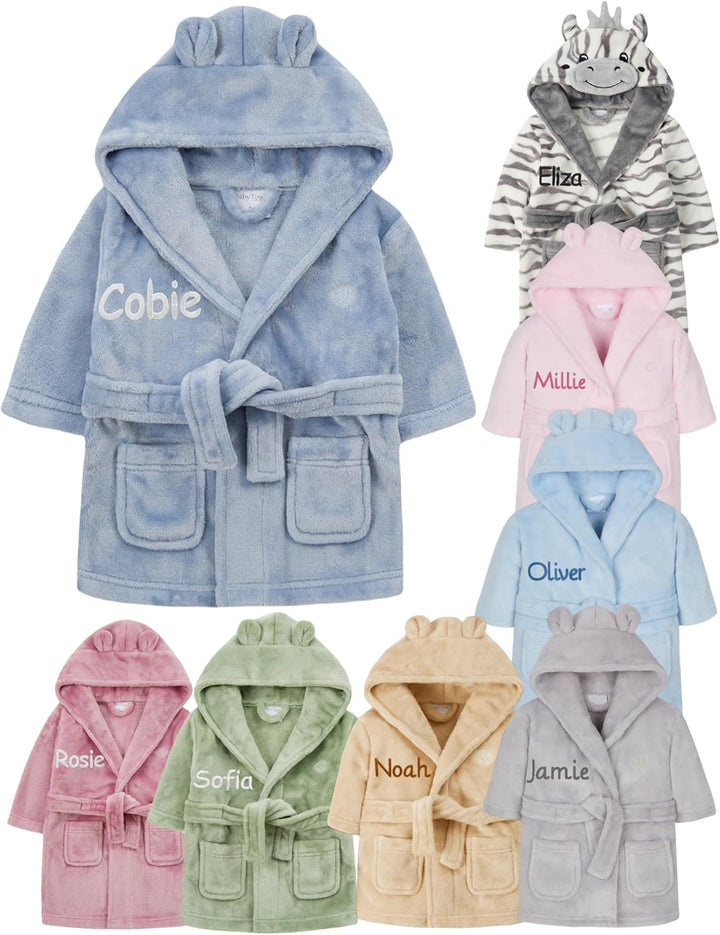 Personalised Baby Bathrobe Hooded Fleece Dressing Gown Super Soft Gifts Bath Robe for Boys Girls Cute Teddy Ears 0-4 Years