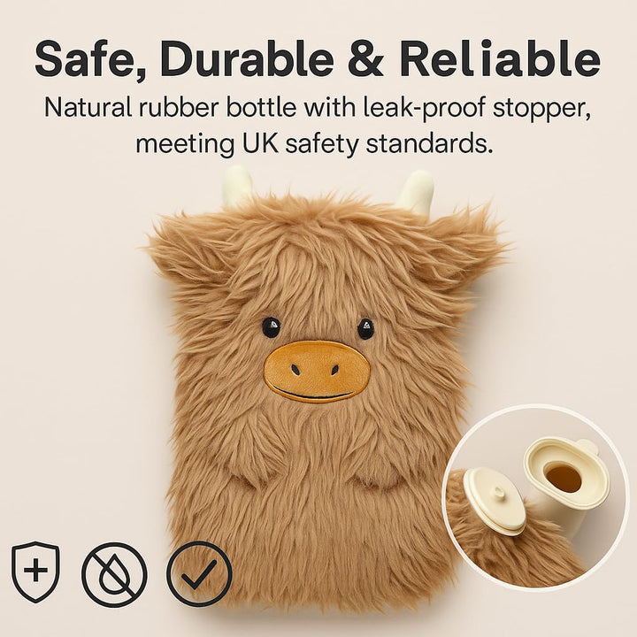 Highland Cow Cattle 3D Hot Water Bottle 1 Litre Capacity Soft Plush Cover Cute Animal Design Natural Rubber Bottle Heat Therapy Neck Back Pain Relief Bedtime Relax Gift Idea for Adults & Kids
