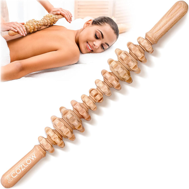 Wooden Massage Roller Stick - 12 Rollers - Curved Wood Therapy Massage Tool for Body Sculpting, Fascia Release and Lymphatic Drainage - by
