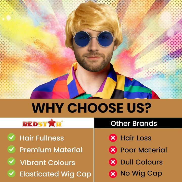 Mens Blonde Boyband Wig with Fringe Fancy Dress Accessories - Short Blonde Wig Men Hair Accessory for Britpop Party 60S 70S and 80S Fancy Dress Adult - Synthetic Short Hair as Halloween Accessories