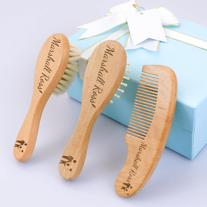 Personalized Baby Hair Brush and Comb Set for Newborn -  Wooden Toddler Hair Brush Set with Soft Goat Bristle, Baby Brush Set for Newborn, Toddler Cradle Cap Brush Perfect Baby Registry (A)