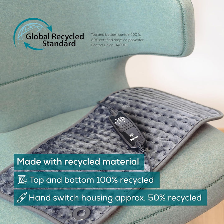 HK123 Green Planet Heating Pad, Made in Europe, Top and Bottom Made from 100% Recycled Material, Cuddly Soft, 60 X 30 Cm, 6 Temperature Levels and Automatic Shut-Off, Machine Washable, Grey