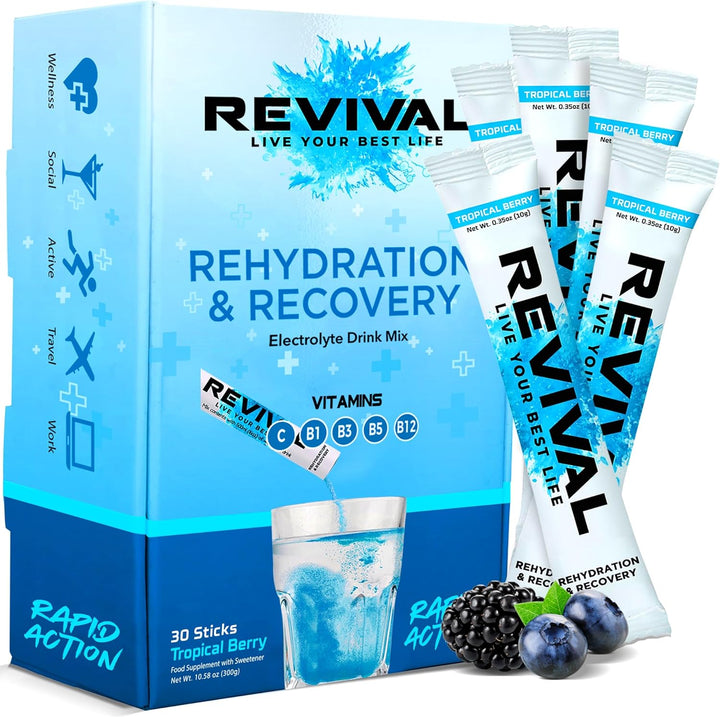 Revival Rapid Rehydration Electrolytes Powder - High Strength Vitamin C, B1, B3, B5, B12 Supplement Sachet Drink, Effervescent Electrolyte Hydration Tablets - 12 Pack Assorted Flavours