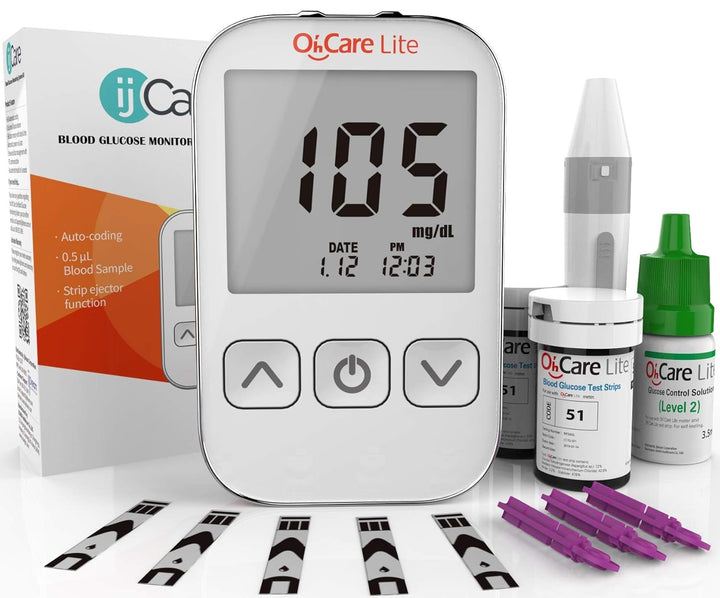 Oh 'Care Lite Diabetes Testing Starter Kit - Oh 'Care Lite Meter, 100 Oh 'Care Lite Blood Glucose Test Strips, 100 Lancets 30G, Lancing Aid, Control Solution, Operating Guide, Logbook & Carry Case
