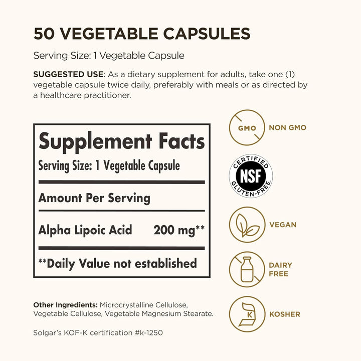 Alpha Lipoic Acid 200 Mg Vegetable Capsules - Food Supplement, Pack of 50 - Antioxidants - Vegan, Gluten Free