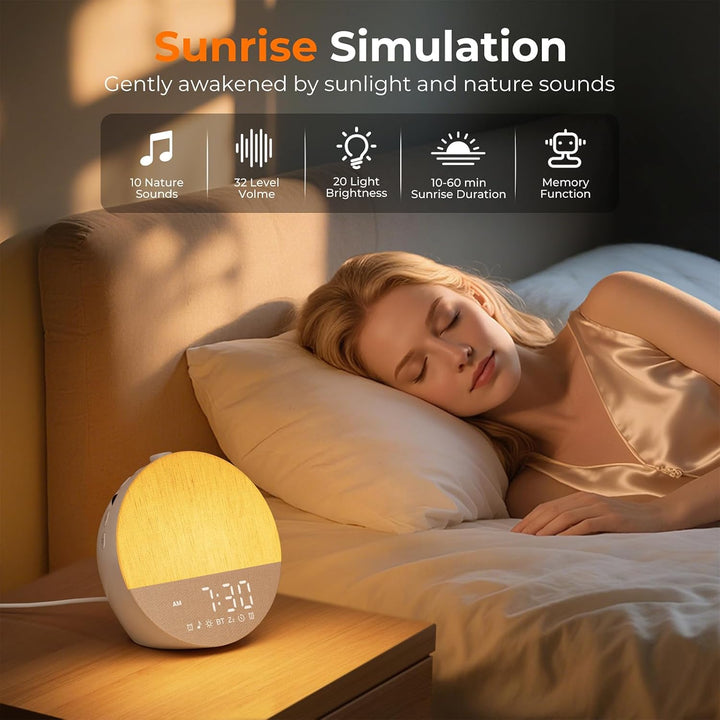 Sunrise Alarm Clocks, Wake up Light with Sunrise Simulation, Dual Alarms, Snooze, White Noise Machine Sleep Aid with 30 Natural Sounds, Bluetooth 5.3, 18 Color Modes, Gift for Heavy Sleeper/Kid