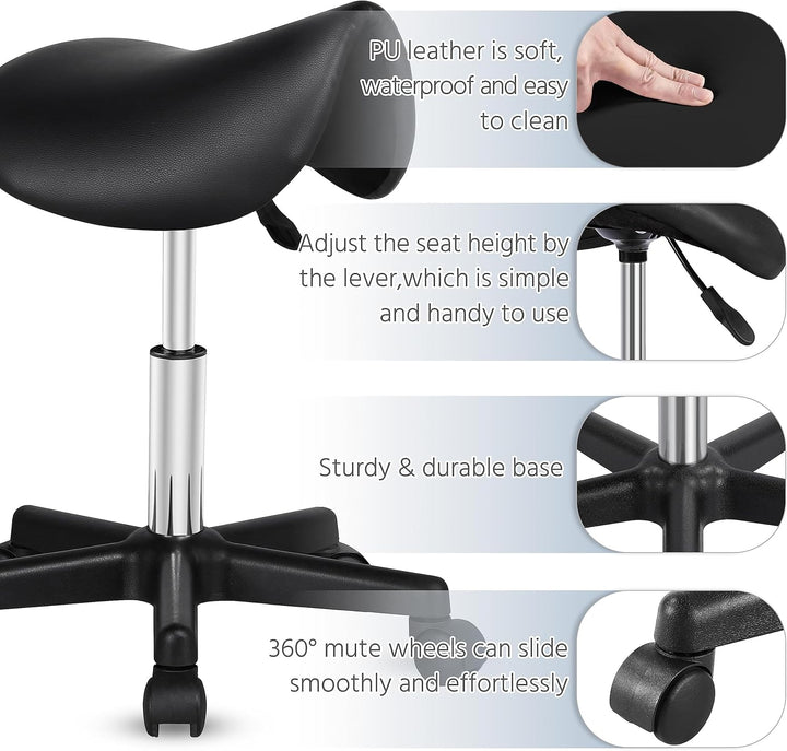 Saddle Stool Adjustable Rolling Salon Chair Swivel Rolling Wheels & Ergonomic for Hairdressing Massage Tattoo Spa Saddle Black