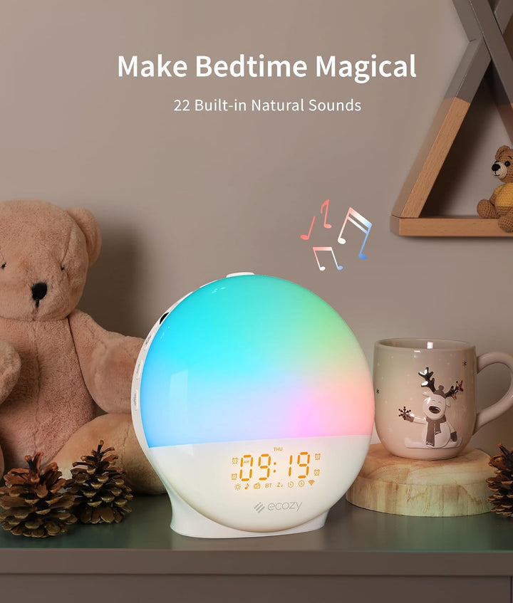 Sunrise Alarm Clock, White Noise Machine, Sunrise/Sunset Simulation, App&Voice of Alexa Control, 4 Alarms&Snooze, 17 Color Lights 22 Sleep Sounds, Bluetooth Wake up Light for Heavy Sleeper/Kid