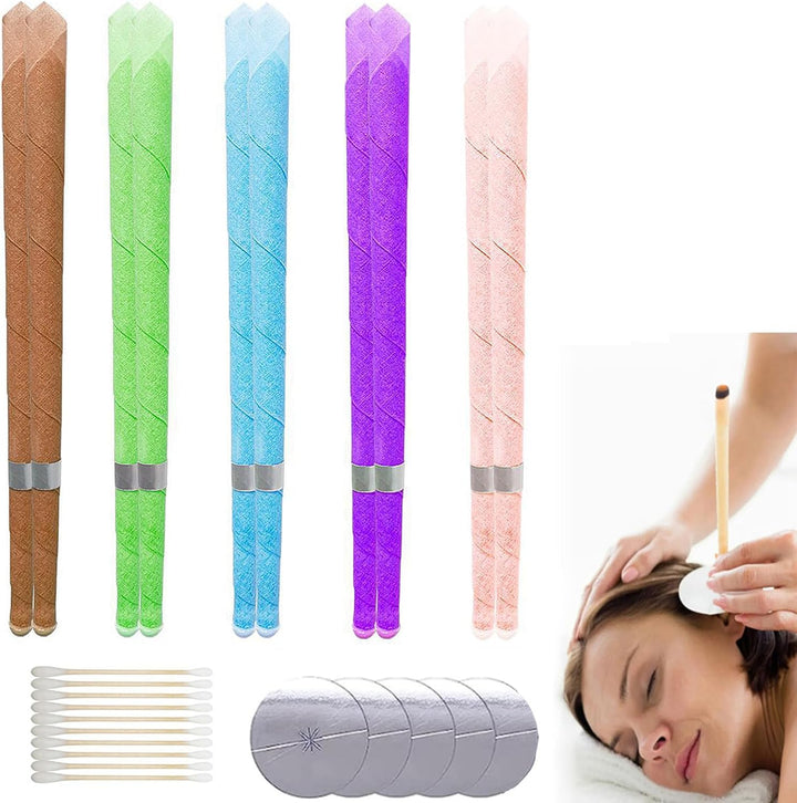 Ear Candles, 10 Pcs Natural Beeswax Ear Candles Kit, Beeswax Hopi Ear Candles for Blocked Ears with 5 Protective Disks+10 Cotton Swab