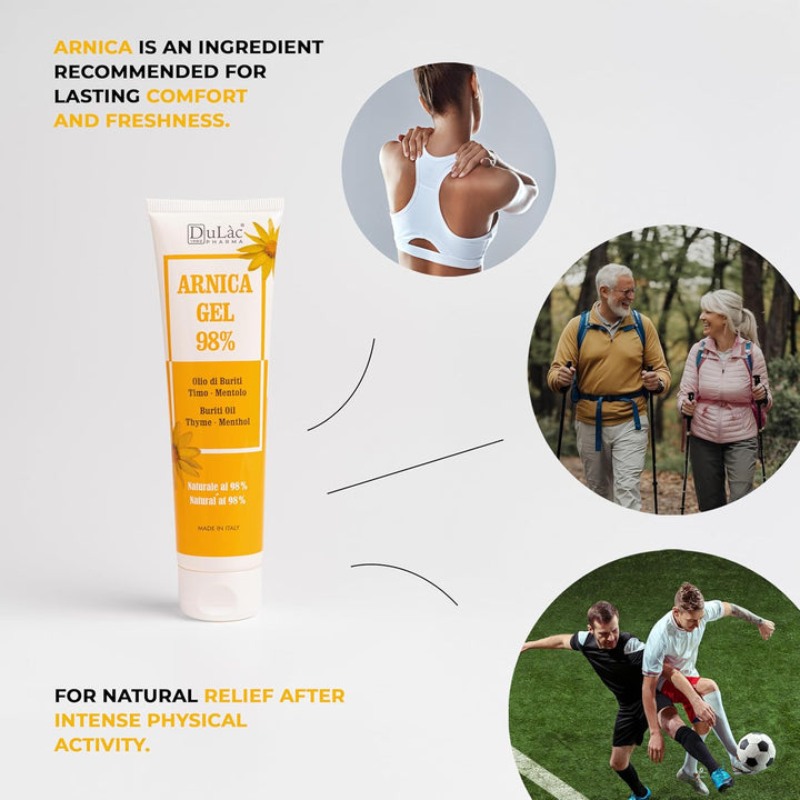 Dulàc, 98% Arnica Gel with Buriti Oil, Thyme and Menthol, for Massaging the Skin of Muscles and Joints, Dermatologically Tested, Nickel Tested, Made in Italy, 100 Ml