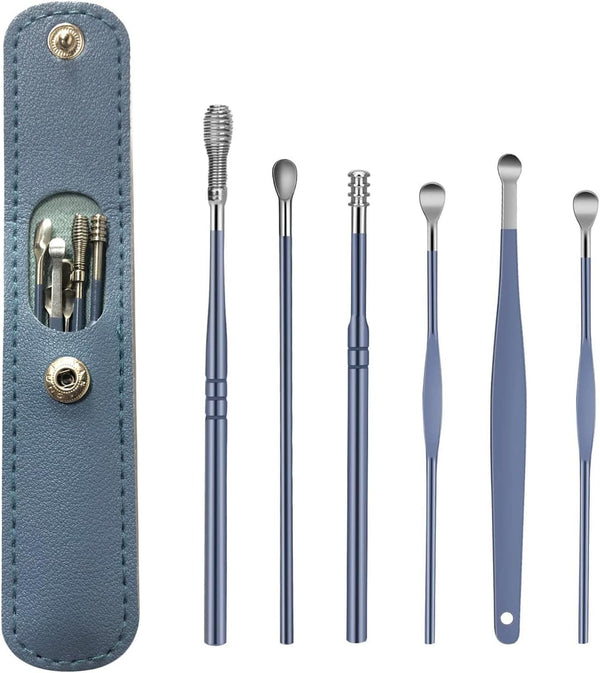 Ear Wax Remover,6 Pcs Premium Stainless Steel Ear Wax Removal Kit Ear Curette Ear Cleaner Tools for Children and Adult Earwax Removal Kit Cleaning Kit with Portable Bag (Blue)