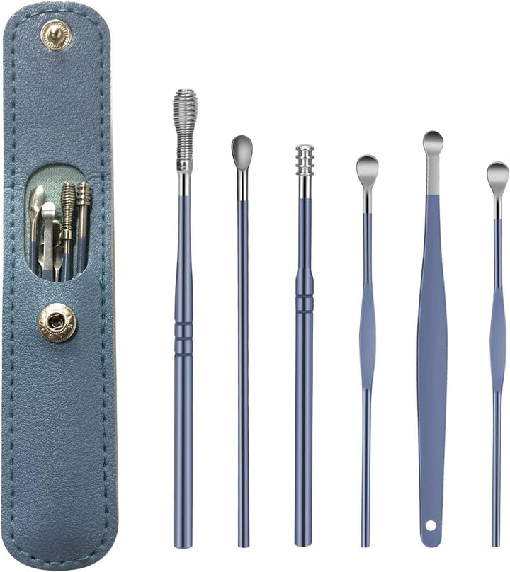Ear Wax Remover,6 Pcs Premium Stainless Steel Ear Wax Removal Kit Ear Curette Ear Cleaner Tools for Children and Adult Earwax Removal Kit Cleaning Kit with Portable Bag (Blue)