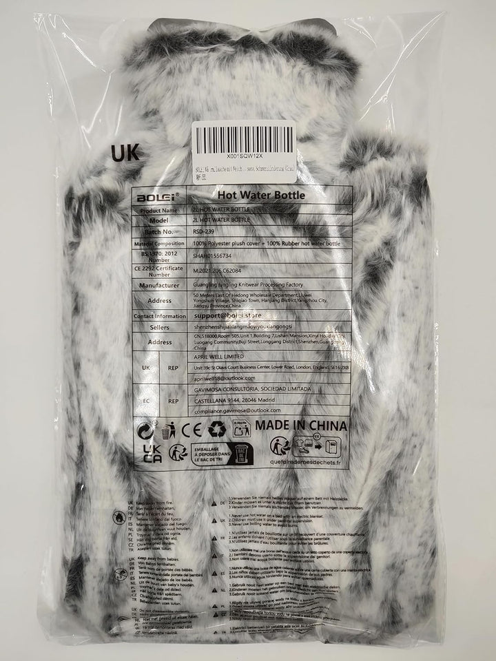 Hot Water Bottle with Luxury Cosy Faux Fur Cover,2L Leakproof Large Hot Water Bag for Neck,Shoulder,Hand Feet Warmer,Gifts for Women,Men(Grey)