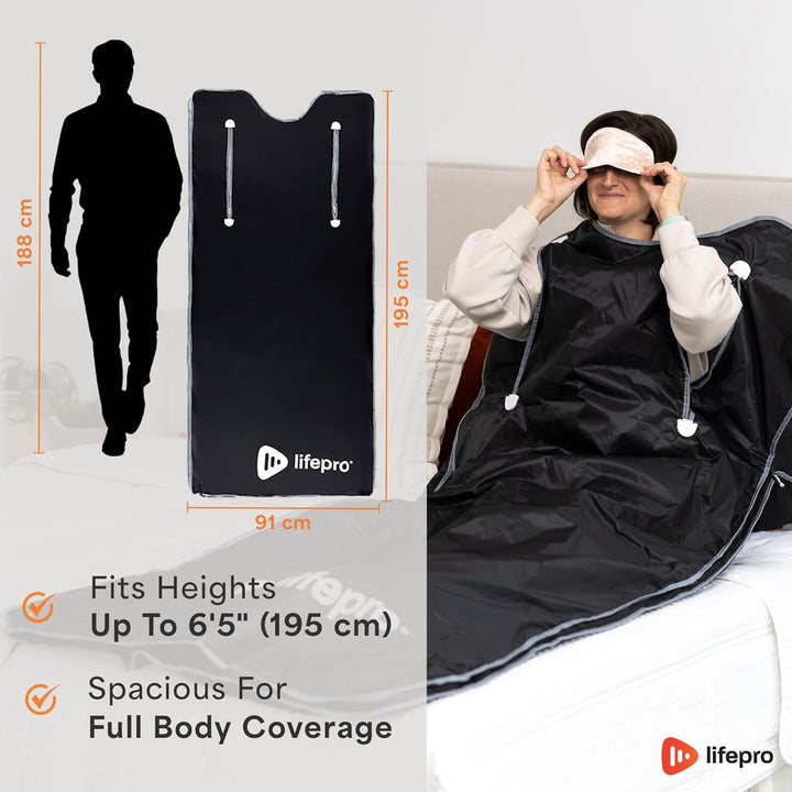 Bioremedy Infrared Sauna Blanket, 91 × 193 Cm Portable Home Sauna for Deep Heat Therapy, Detoxification & Relaxation, Includes 3×Thermal Wraps, Adjustable 30–70°C, Open-Head Design, Arm Zips