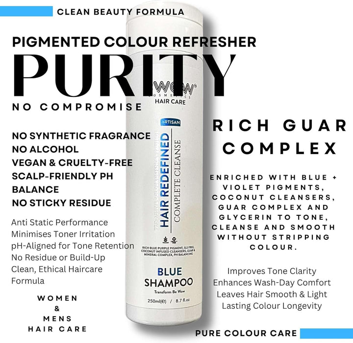 Blue Purple Shampoo for Blonde Grey Silver Highlighted Hair Pro Active Colour Defence + Protect Revive + Refresh Brilliant Brassy Tone Correcting Pigment Deposit Vegan Guar Mineral Complex 250Ml