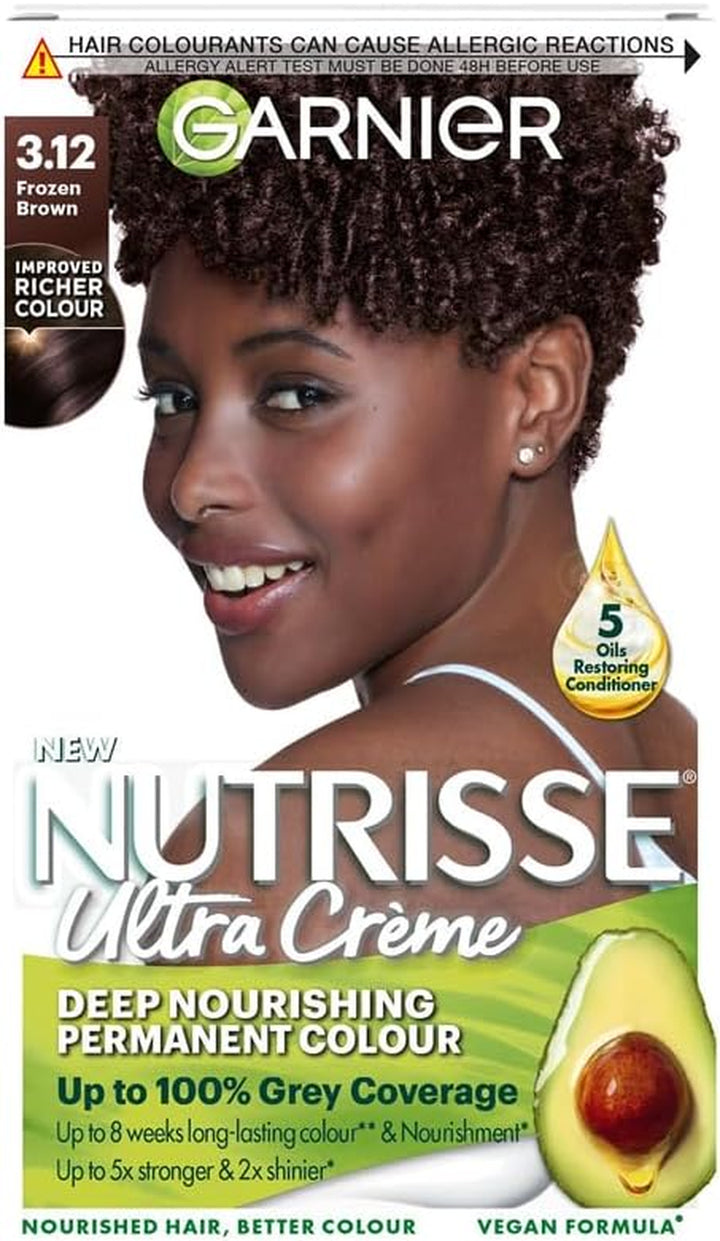 Nutrisse Ultra Crème Vegan Hair Dye, 3 Darkest Brown. Ensures 100% Grey Coverage and Intense, Rich 8-Week Colour. This No-Ammonia, Vegan Formula Provides a Deep, Beautiful Dark Shade.