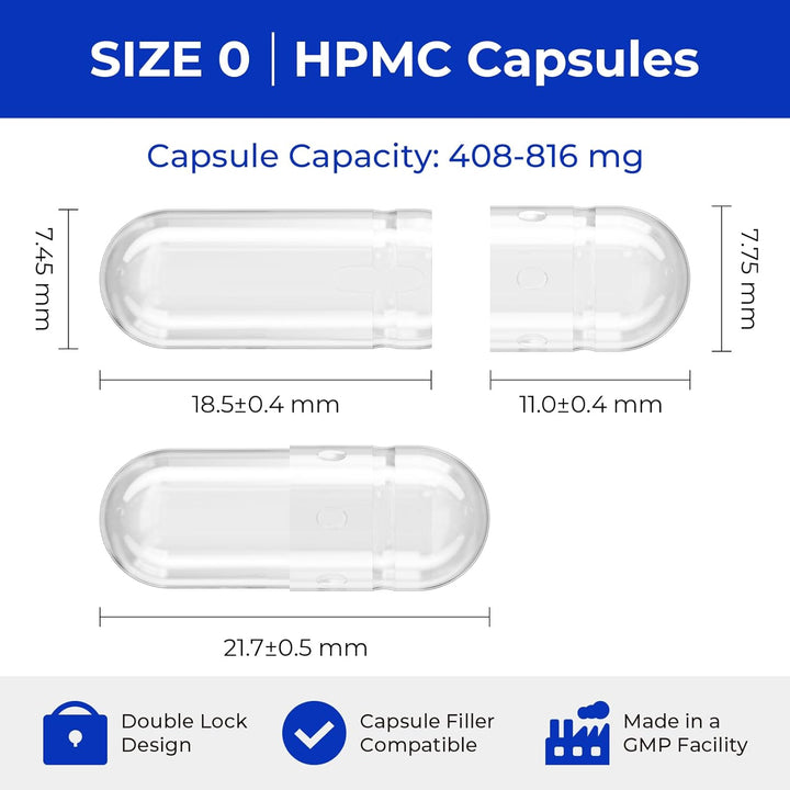 Empty Capsules Size 0 100 Count,Clear Empty Vegan Capsules Kosher,Halal and Non GMO Certified for DIY Supplements.Hypoallergenic Veggie Capsule Empty with 2 Spoons,Adapted to the Capsule Filler