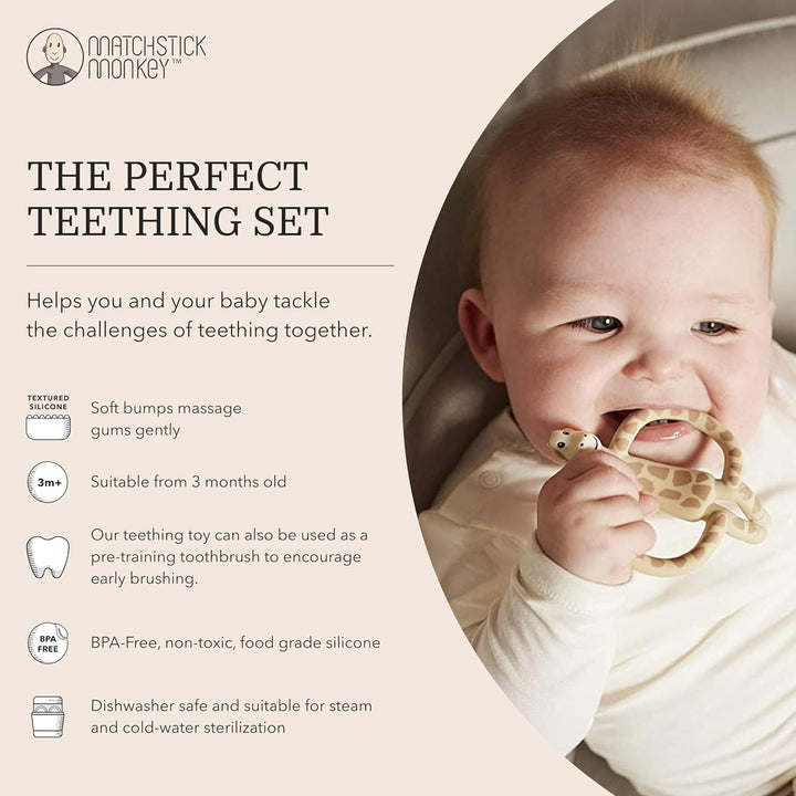 , Antimicrobial Teething Starter Set - 1 Flat Face Teether, 1 Animal Teether, 2 Silicone Finger Toothbrushes, 3 Months Old+, Gigi Giraffe