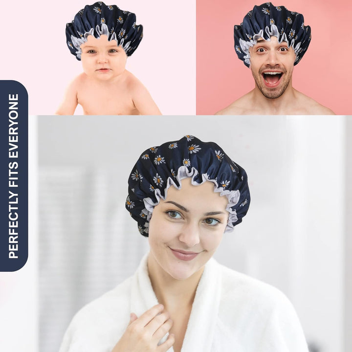 Premium Double Layer Shower Cap for Women with Unique Flower Design- Reusable Shower Cap for Hair - Waterproof Plastic Cap - Shower Caps for Long, Short and Curly Hairs