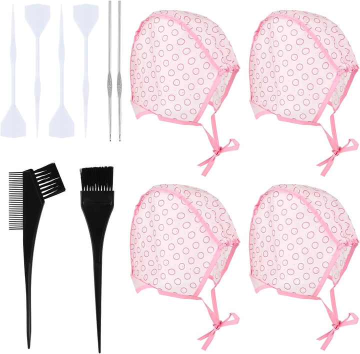 4Pcs Highlighting Cap and Hook Kit,Highlight Cap with Holes for Salon Hair Dyeing Hairdressing and Diy Dyeing Hair