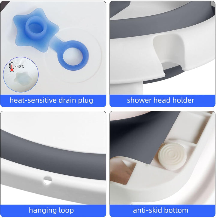 Baby Bath Tub Foldable Bathtub, Collapsible Toddler Bath Tubs with Baths Support Cushion Pad Seat Mat, Anti-Slip Portable Travel Shower Bathing Basin Folding Bathtubs for Newborn Toddler Infant (Grey)