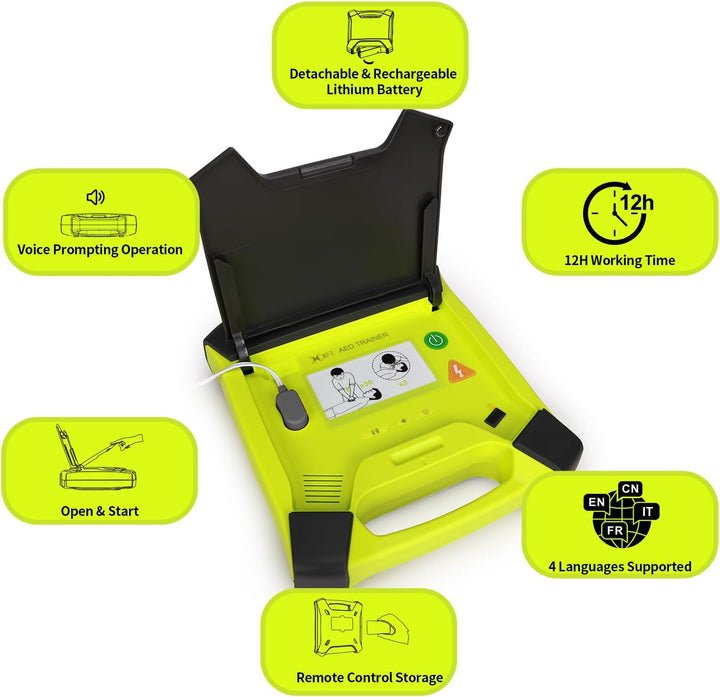 AED Trainer, Rechargeable Defibrillator Trainer with Remote Control, CPR Training Defibrillator Simulator, 8 Scenarios, 4 Prompts Voice - English, French, Italian, Chinese, -120GA AED Trainer