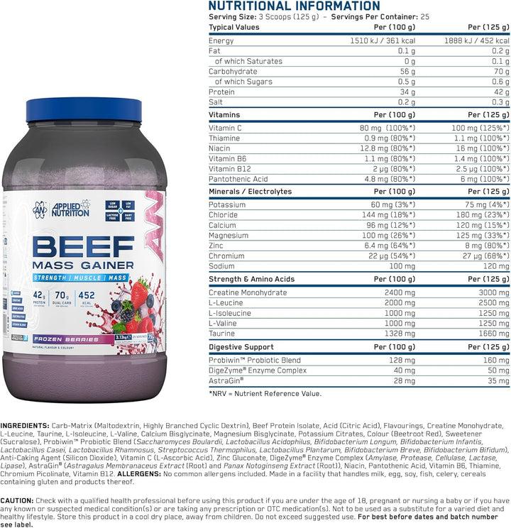 Beef Mass Gainer Protein Powder – 42G Beef Protein Isolate, High Calorie Weight Gainer Supplement, Lactose Free, Low Sugar (3.13Kg – 25 Servings) (Frozen Berries)