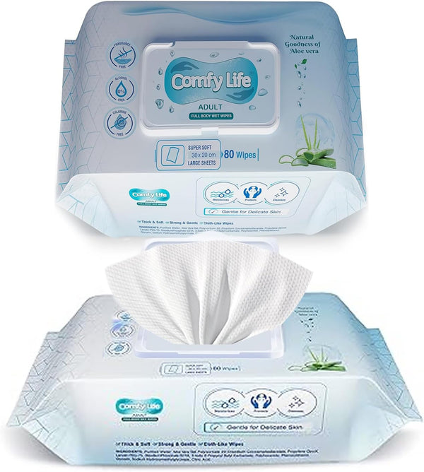 Premium Full Body Cleansing Wet Wipes for Adults - Large Luxury Fresh-Feel Rinse-Free Fragrance-Free Bed Bath Intimate-Care Soft Sheets (1 Pack (80 Wipes)