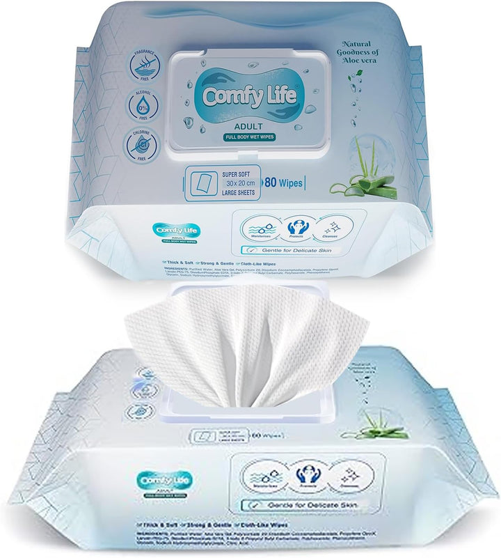 Premium Full Body Cleansing Wet Wipes for Adults - Large Luxury Fresh-Feel Rinse-Free Fragrance-Free Bed Bath Intimate-Care Soft Sheets (1 Pack (80 Wipes)