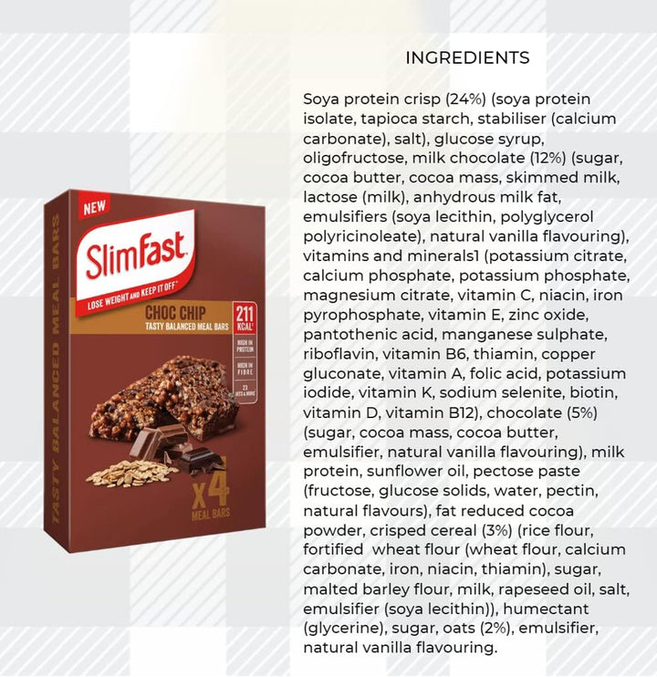 Slim Fast Bundle 16X60Gram Meal Bars in Choc Chip, Orange, Rocky Road and Very Berry Tasty,  for Weight Loss, High in Protein