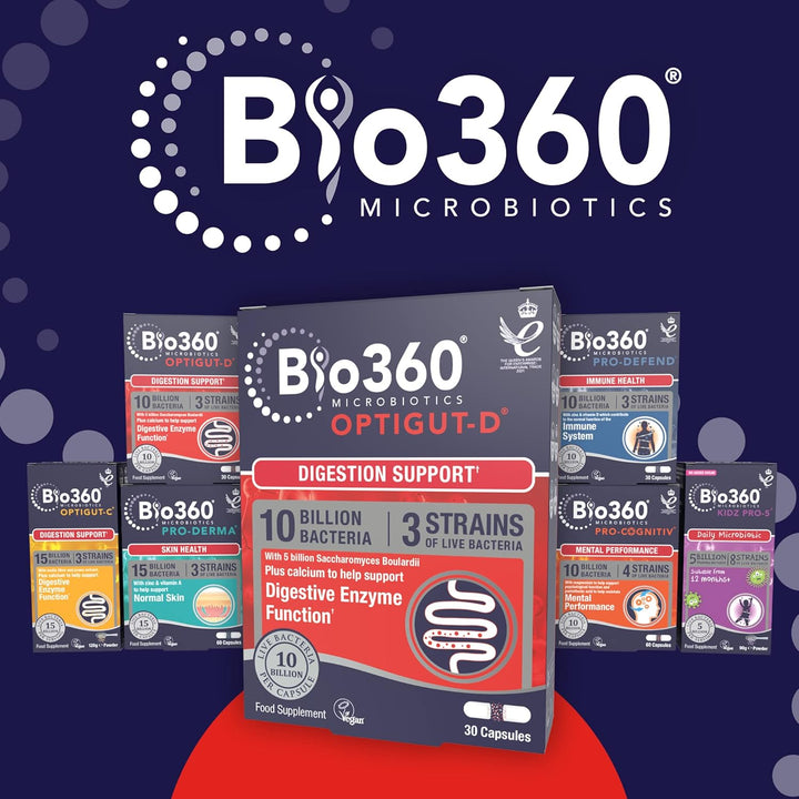 Bio360 Optigut-D Probiotic 10 Billion Live Bacteria - High Strength Vegan Digestive Gut Health Support - Gut Health Supplement for Adults & Kids - Gluten Free, Non-Gmo - 30 Capsules
