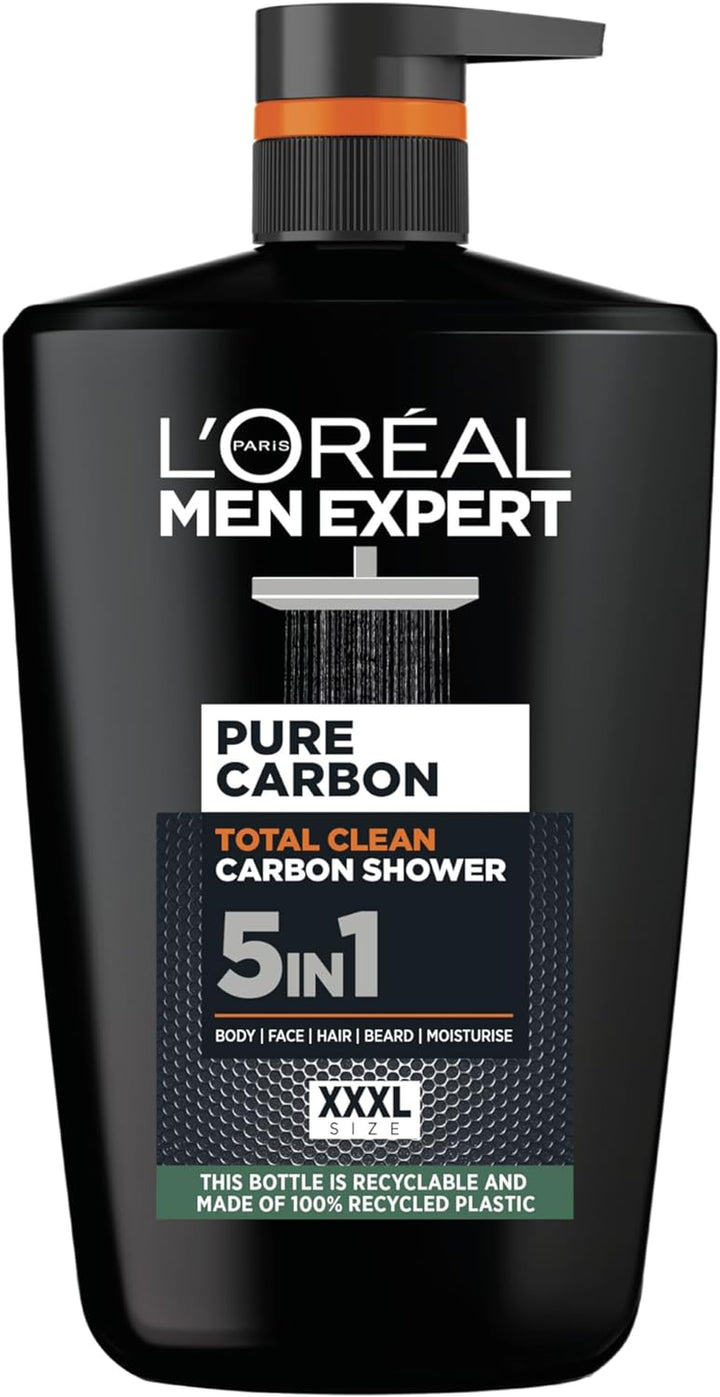 L'Oréal Men Expert Hydra Energetic Carbon 5-In-1 Shower Gel for Men - Ultimate All-In-One Body, Face, Hair, Shave & Moisturizer Wash, Magnet-Like Cleansing for Deep Clean & Fresh Feel, XXL 1L