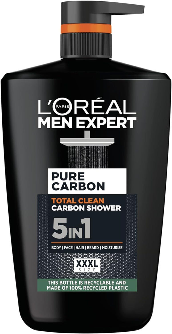L'Oréal Men Expert Hydra Energetic Carbon 5-In-1 Shower Gel for Men - Ultimate All-In-One Body, Face, Hair, Shave & Moisturizer Wash, Magnet-Like Cleansing for Deep Clean & Fresh Feel, XXL 1L