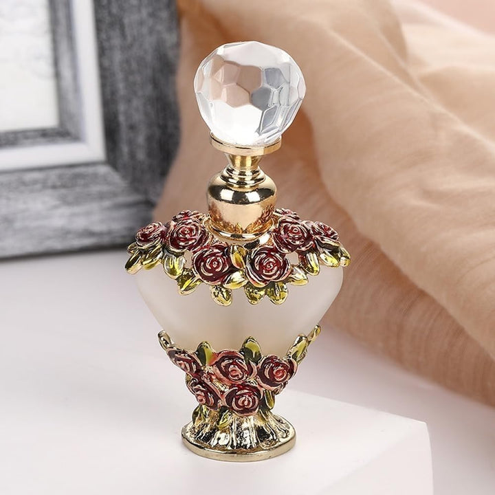 Decorative Refillable Empty Bottles,Metal Base Heart-Shaped Rose Essential Oil Glass Bottle for Home Decor (Style 1)