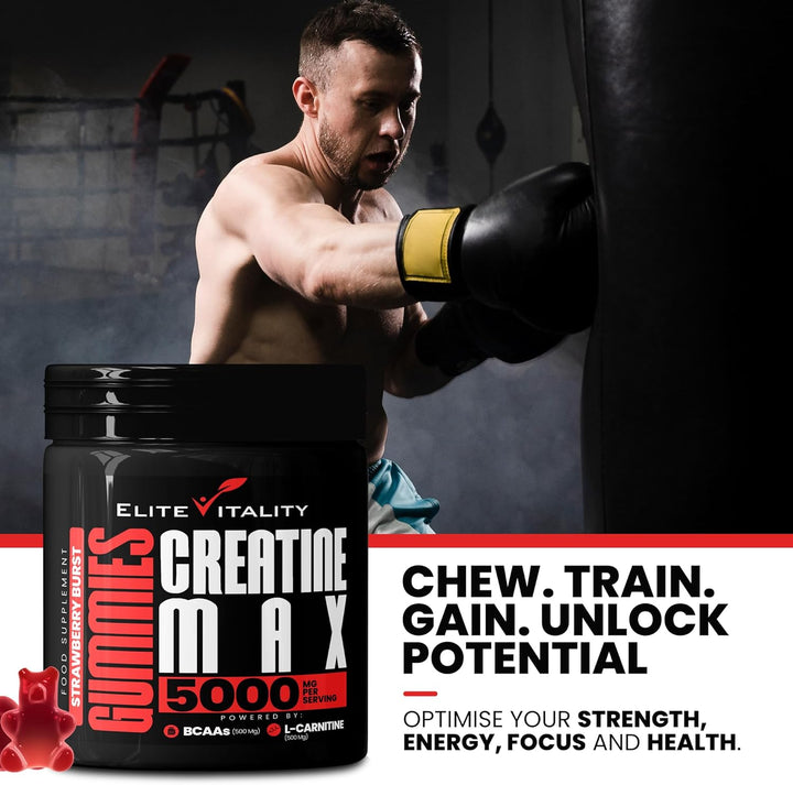 Creatine Monohydrate Gummies 5000Mg + Bcaas & L-Carnitine – Vegan, Sugar-Free, Pre Workout Muscle Recovery Supplement for Men & Women – 90 Gummies – Strawberry Burst – Gym & Fitness Support