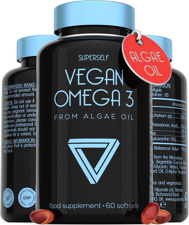 Vegan Omega 3 Capsules - High Strength DHA from Algae Oil with Flaxseed Oil, Astaxanthin, Vitamin E - Algae Omega 3 Vegan - 60 Easy Swallow Softgel Tablets - Sustainable Vegetarian DHA Supplements
