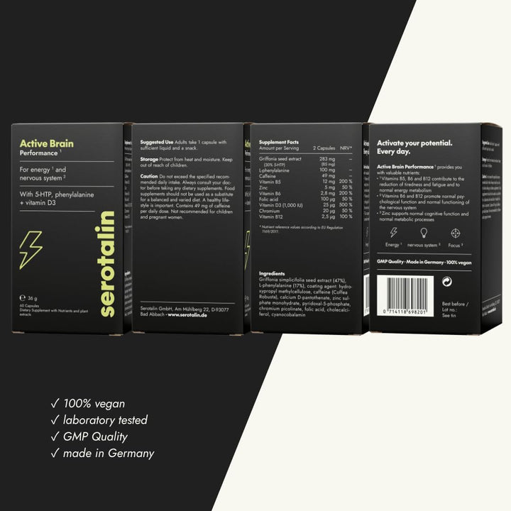 Active Brain Performance (Formerly Happy Energy) | High-Dosed with Griffonia, B Vitamins, Caffeine & Zinc | Vegan & Made in Germany | 60 Capsules (2 Months)