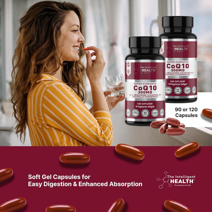Ubiquinone Co Enzyme Q10 Softgel Capsules, Super Strength Vegan Friendly Naturally Fermented High Absorption Coq10 Capsules Made in the UK to GMP Standards -  (90 Count, 300 Mg)