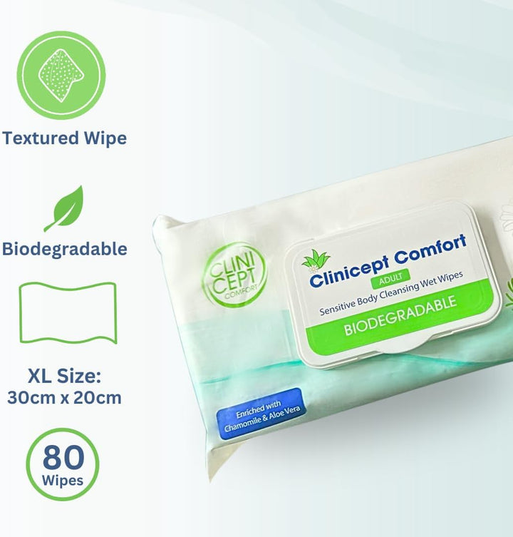Comfort Biodegradable Sensitive Premium Full Body Adult Cleansing Wet Wipes Large Refreshing Rinse Free Fragrance-Free Bed Bath Intimate Care Soft Sheets. Used by NHS - 80 Wipes