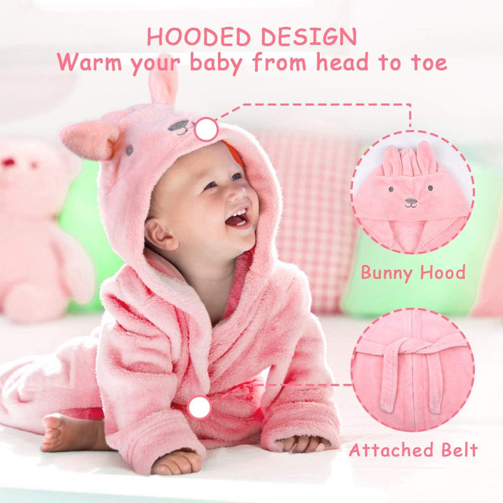 Baby Bathrobe for Girls, 3D Pink Rabbit Dressing Gown, Super Soft Flannel Hooded Bath Towel, Animal Bath Robe Sleepwear for 0-3 Years