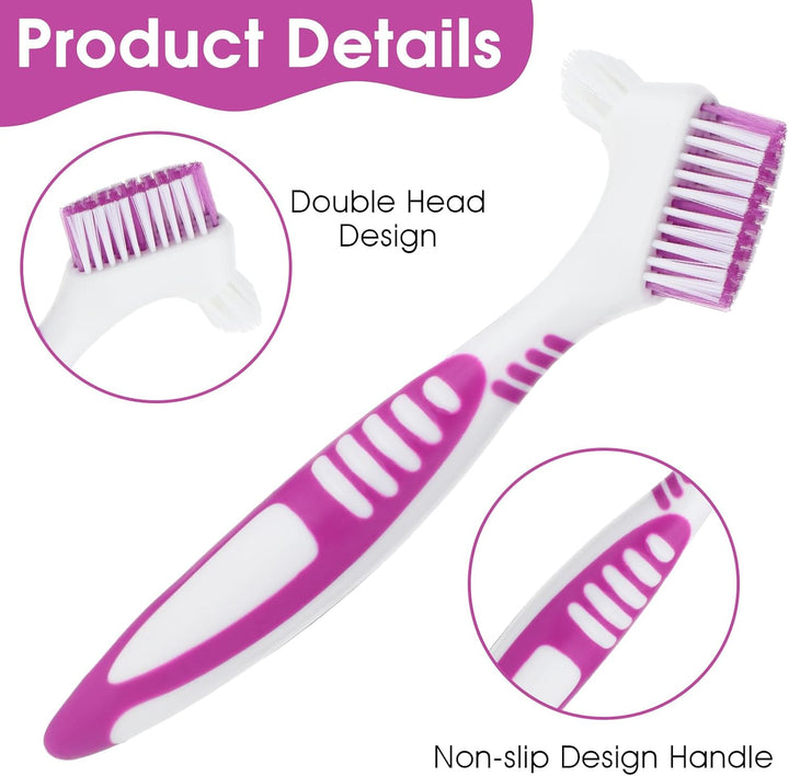 2Pcs Denture Cleaning Brush Set, Denture Toothbrushes, Denture Cleaning Care Brush with White Carrying Case, Multi-Layered Bristles & Ergonomic Rubber Handle for Denture Clean Care (Green&Purple)