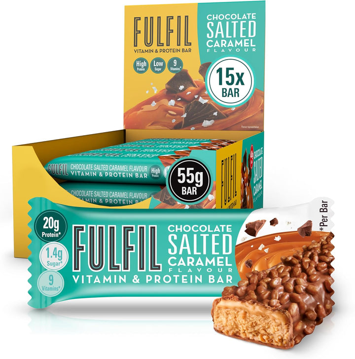Vitamin and Protein Bars (15 X 55 G Bars) — Chocolate Salted Caramel Flavour — 20 G High Protein, 9 Vitamins, Low Sugar