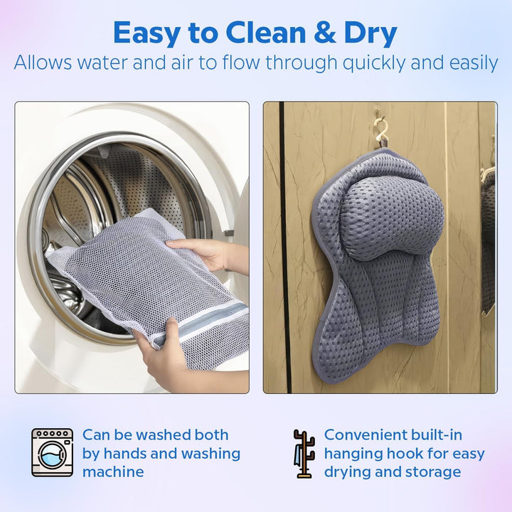 Luxury Bath Pillow, Non-Slip Comfortable Bathtub Pillow with 6 Suction Cups, Ergonomic 4D Air Mesh Headrest Cushion for Head, Shoulder, Neck and Back Support Home Spa Hot Tub Jacuzzi (Grey)